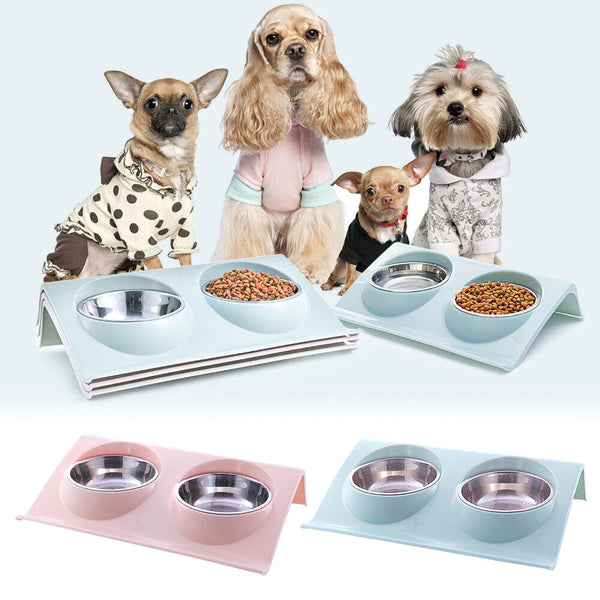 UP4x Stainless Steel Double Pet Bowl Twin Dog Food Feeder Station Dish Water Cat