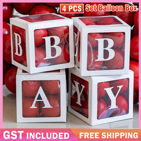 4Pcs/Set Balloon BABY Box Cube Clear Boxes Birthday Baby Shower Party Gift AU