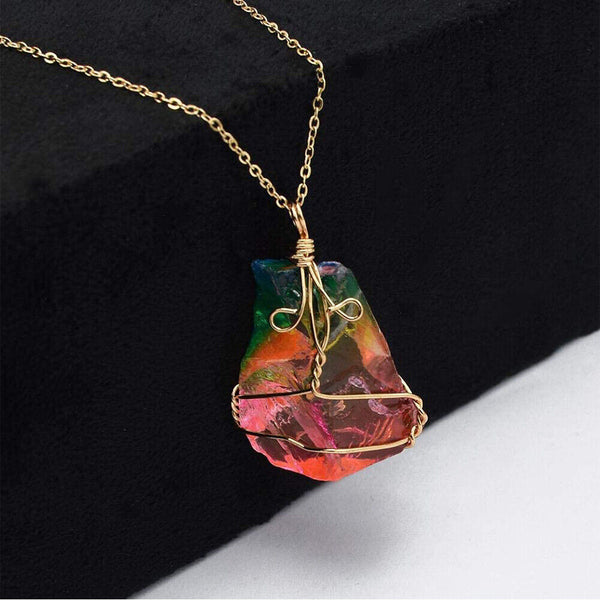 Rainbow Stone Natural Crystal Quartz Chakra Rock Healing Gold Pendant Necklace