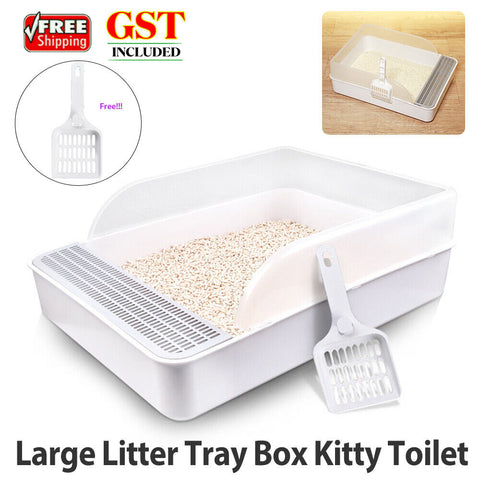 Open Cat Litter Tray Box Kitty Toilet Extra Large Entry And Splash Guard + Scoop