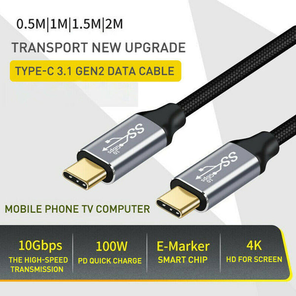 USB-C To USB-C 3.1 Gen 2 Cable Fast Charging 10Gbps 4K 100W Video Data Transfer