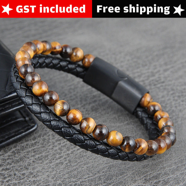 Men's Leather Bracelet Braided Tiger's Eye Stone Stainless Steel Magnetic Clasp