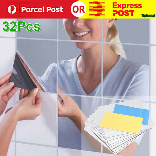 32x Self Adhesive Mirror Wall Sticker Reflective DIY Tile Wall Mirror Film