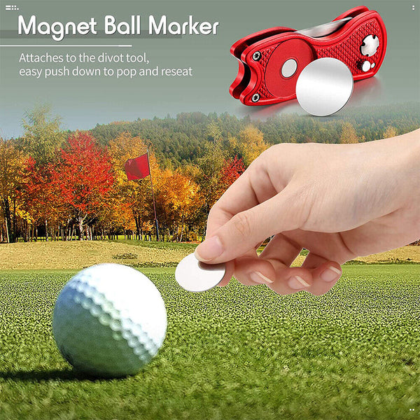 Foldable Metal Golf Divot Repair Tool with Pop-up Button & Magnetic Ball Marker