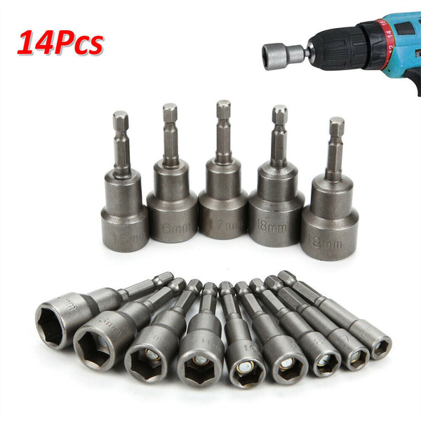 14 Size Socket Magnetic Nut Driver Set Drill Bit Adapter 1/4'' Hex Shank 6-19MM