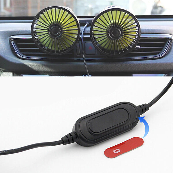 USB Powered Car Fan Dual Head 3-Speed Dashboard Rotation Cooling Fan Air Cooler