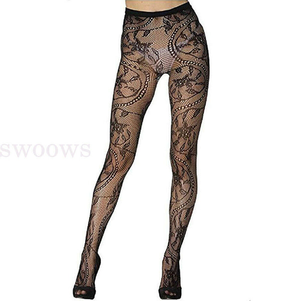 Sexy Pantyhose Stockings Fishnet Floral Lace Pattern Fashion Tights Black