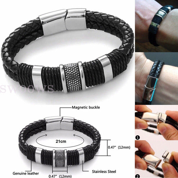 Men's Stainless Steel Magnetic Buckle Bracelet Bangle Cuff Leather Braided