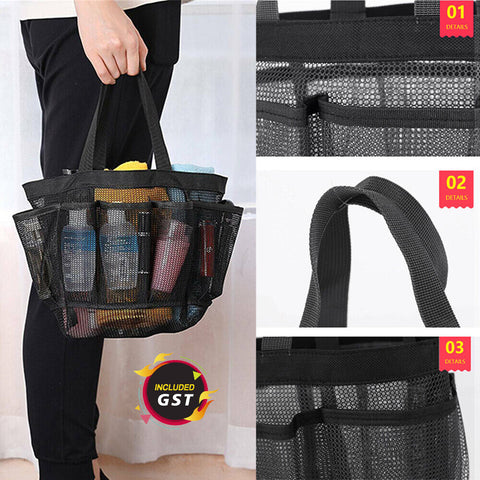 Portable Mesh Shower Bag Caddy 8 Pocket Bathroom Tote Toiletry Bath Organizer