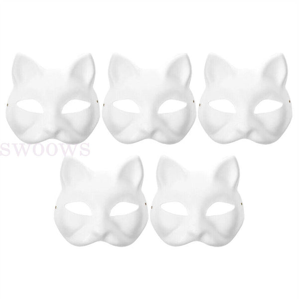 5 Pcs White Face Paper Masks Cat for DIY Painting Blank Masks Cat Half Pa