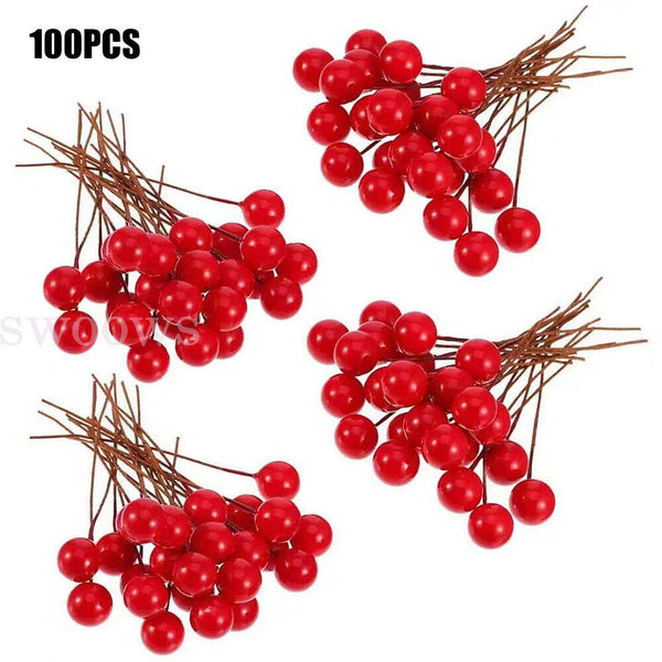 100pcs Red Berries Artificial Fake Fruits Christmas Craft Holly Berry Xmas Decor