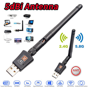 5dBi Antenna 802.11ac AC600 USB WiFi Wireless Adapter Dongle WPS 5GHz Dual Band