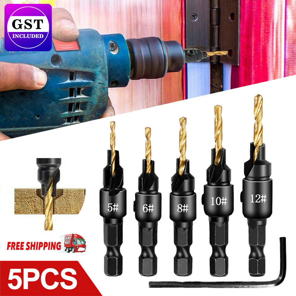 6PCS Screw Countersink Bit Set Pilot Holre Drill Metal Plastic Wood Hex Shank AU