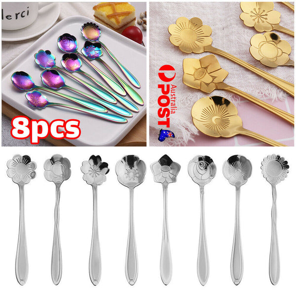 8pcs Spoon Long Handle Dessert Tea Coffee Mixing Spoon Stainless-Steel Teaspoons