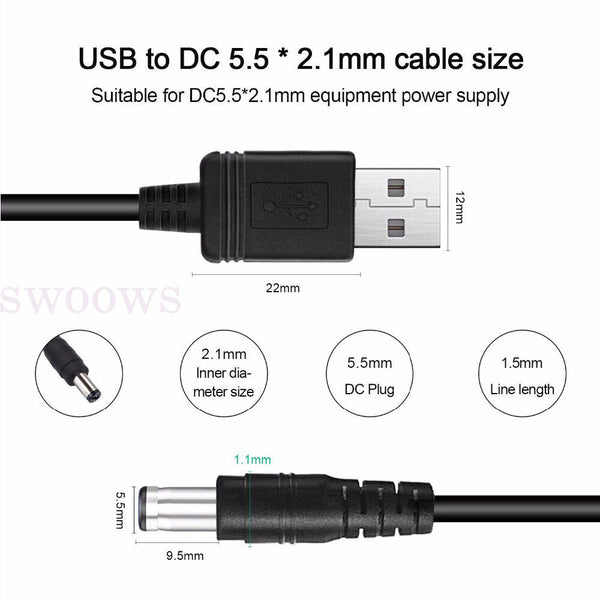 11-20Tips USB to 5.5 mm/2.1 mm 5 Volt DC Barrel Jack Plug Charging 1M Power Cord