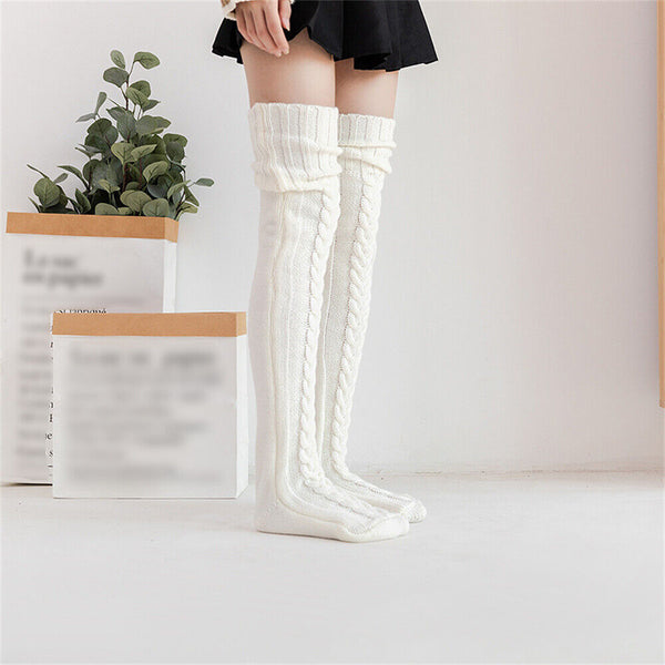 1/2 Women Thigh High Socks Extra Long Woolen Knit Warm Thick Tall Long Stockings