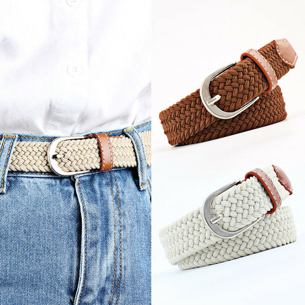 Unisex Stretch Elastic Braided Woven Canvas Buckle Jeans Waist Belt Waistband