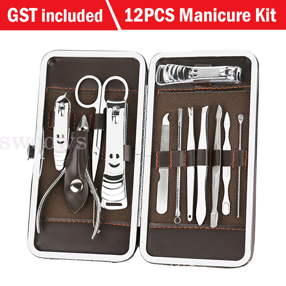 12PCS Nail Clippers Set Stainless Manicure Pedicure Kit Cuticle Grooming Case AU