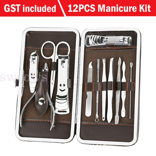 12PCS Nail Clippers Set Stainless Manicure Pedicure Kit Cuticle Grooming Case AU