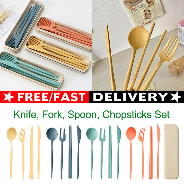 Portable Reusable Spoon Fork Travel Chopsticks Straw Box Tableware Cutlery Set