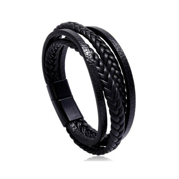 Mens Genuine Leather Bracelet Wristband Stainless Steel Braided Punk Cuff Wrap