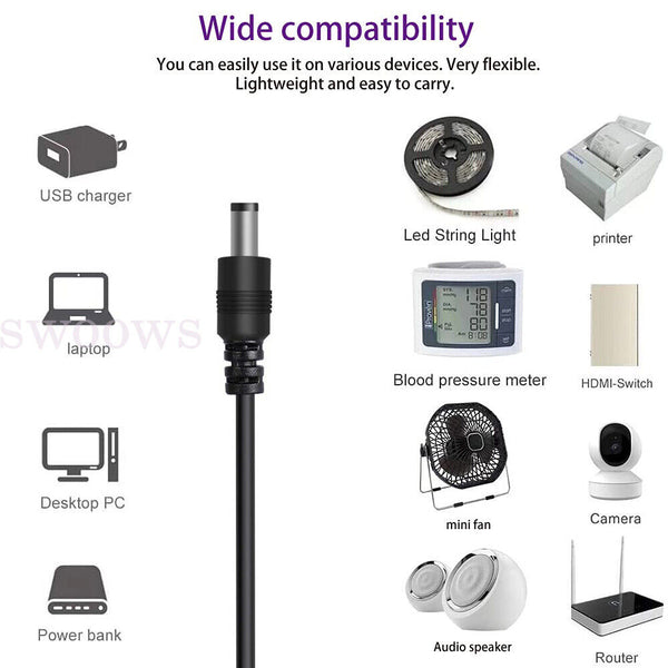 19Tips Universal USB to DC Power Adapter Cable Charger 5.5 mm/2.1 mm Barrel Jack