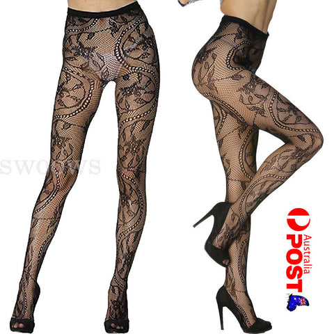 Sexy Pantyhose Stockings Fishnet Floral Lace Pattern Fashion Tights Black