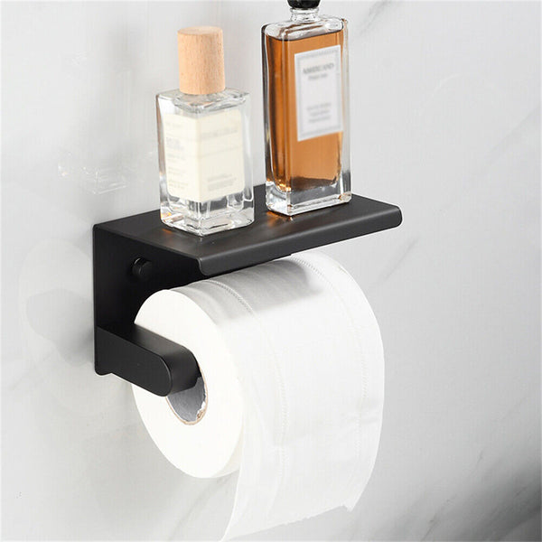 Stainless Steel Toilet Paper Roll Holder Storage Hooks Bathroom Washroom Black