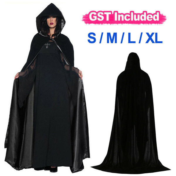 Adult Black Hooded Cape Robe Cloak Vampire Halloween Cosplay Costume Party S-XL