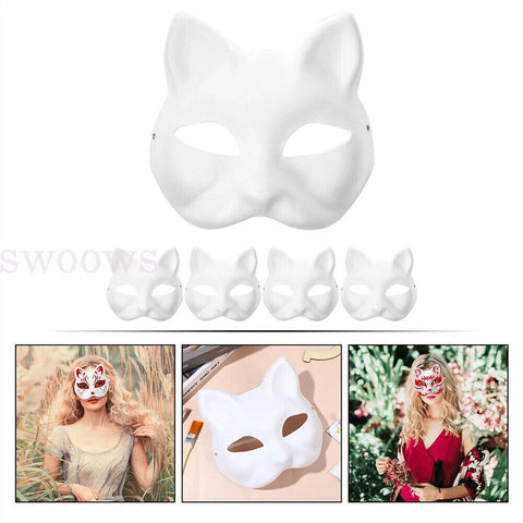 5 Pcs White Face Paper Masks Cat for DIY Painting Blank Masks Cat Half Pa