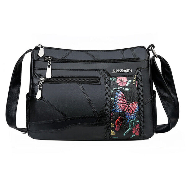 Women Floral Printed Shoulder Bags Multi Pocket PU Leather Crossbody Handbags