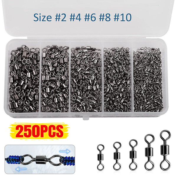 250PCS/Box Fishing Ball Bearing Swivels Solid Ring Hooks Connectors Tackle Tools