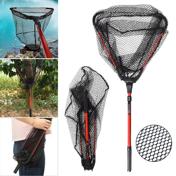 Fishing Landing Net Aluminum Alloy Red Portable Fish Mesh Foldable Pole Handle A