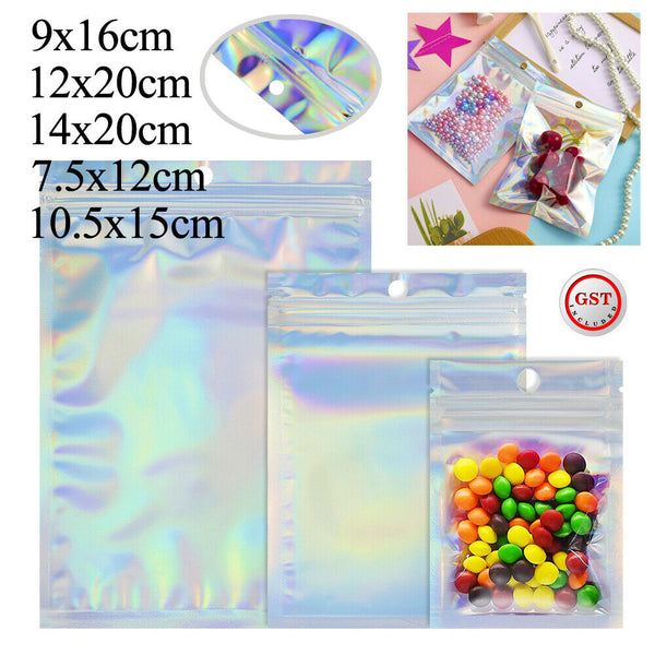 50-200 Food Storage Pouch Holographic Resealable Mylar Ziplock Aluminum Foil Bag