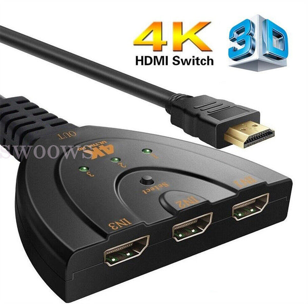 4K Ultra HD 3 Way HDMI Switch Splitter HDTV Auto 3 Port IN 1 OUT with Cable