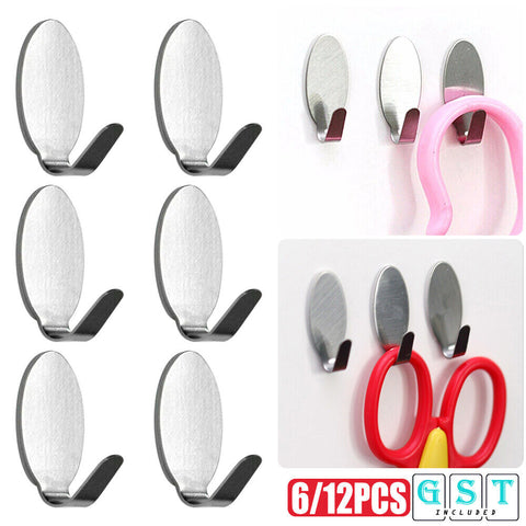 6/12 Self-Adhesive Kitchen Bathroom Wall Door Stainless Steel Sticky Hook Hanger