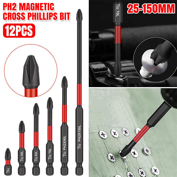 12Pcs PH2 Magnetic Cross Phillips Impact Batch Head Hardness Screwdriver Bit Kit