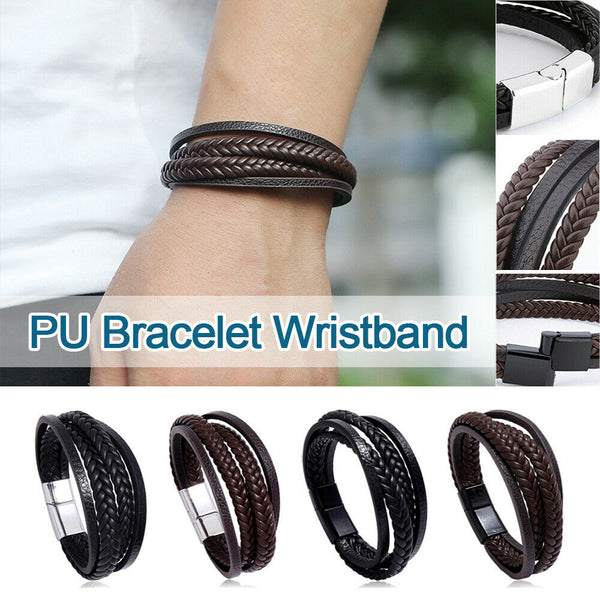 Mens Genuine Leather Bracelet Wristband Stainless Steel Braided Punk Cuff Wrap