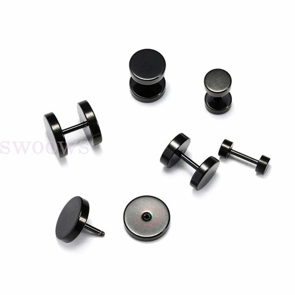 Pair Black Flat Round Barbell Plug Stud Earrings Gym Mens Stainless Steel 5-10mm