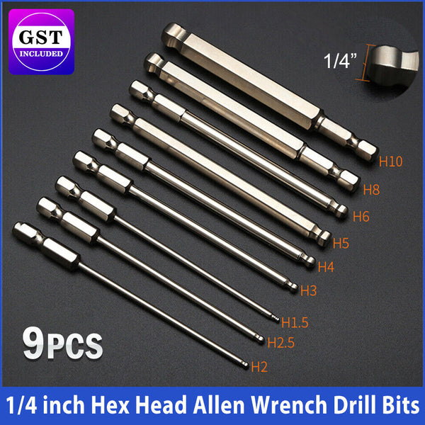 9pcs 1/4 inch Hex Shank Ball End Allen Wrench Drill Bits Set 100mm Metric Long