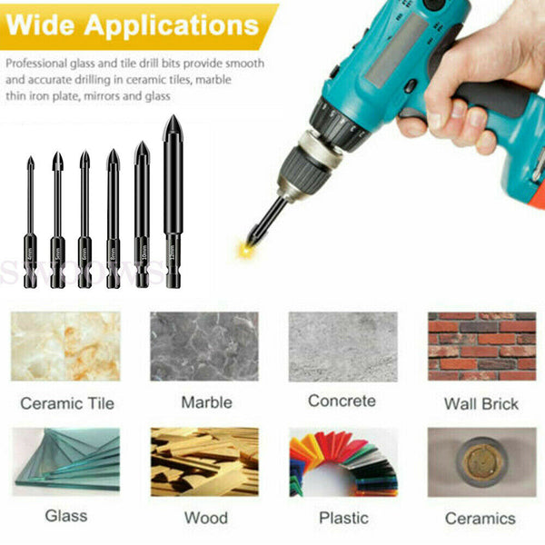 6pcs Titanium Ceramic Tile Glass Drill Bit Tungsten Carbide Cross Spear Head