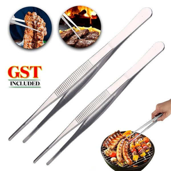 NEW Silver Stainless Steel Long Food Tongs Straight Tweezers Kitchen Tool