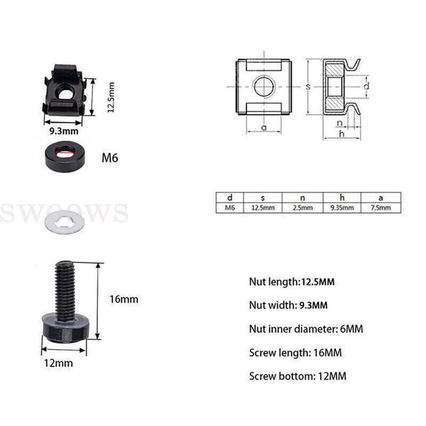 50PCS M6 Square Hole Hardware Cage Nuts& Mounting Screws For Server Rack&Cabinet