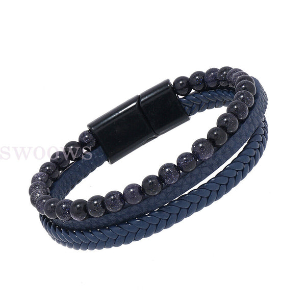 Mens Leather Braided Surfer Wristband Bracelet Tiger Eyes Beaded Bangle Gifts