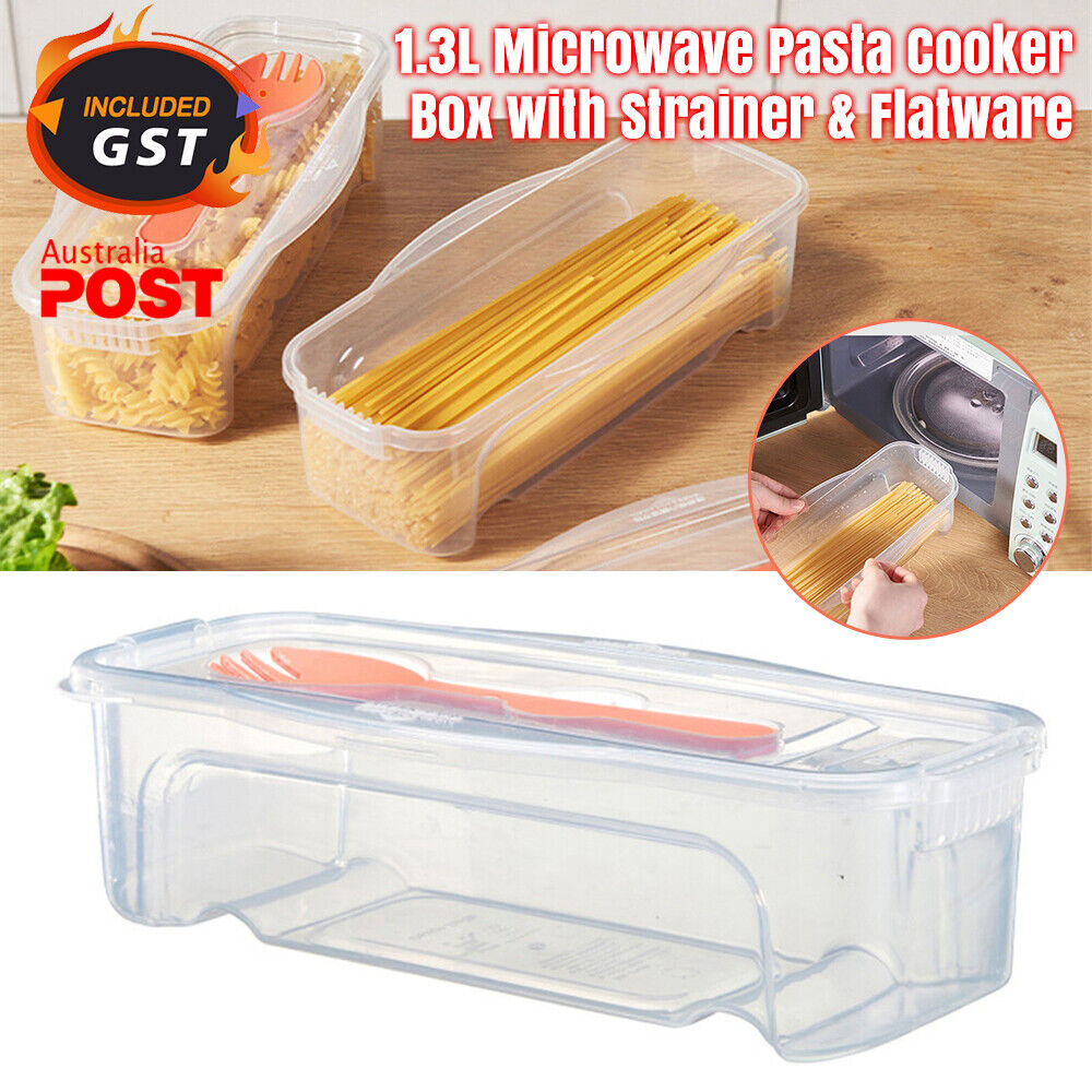 Microwave Pasta Cooker Spaghetti Food Cooking Box with Strainer & Flatware 44oz