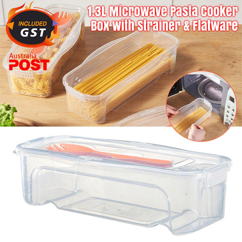 Microwave Pasta Cooker Spaghetti Food Cooking Box with Strainer & Flatware 44oz