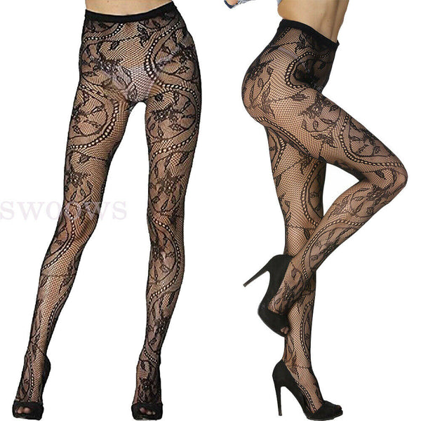 Sexy Pantyhose Stockings Fishnet Floral Lace Pattern Fashion Tights Black