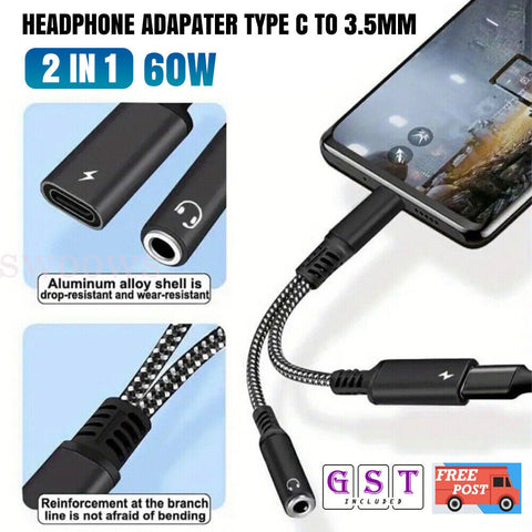 2 IN 1 Audio Charger Splitter Type C Aux Headphone Jack USB C to 3.5mm Adapter