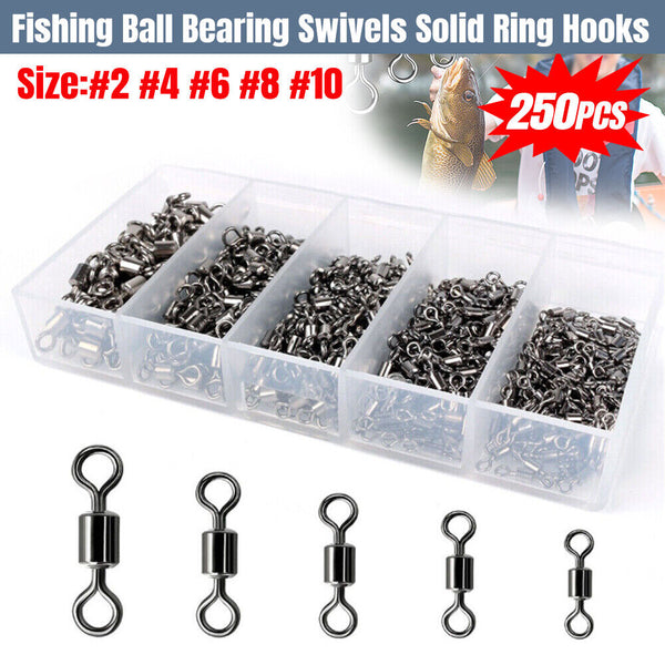 250PCS/Box Fishing Ball Bearing Swivels Solid Ring Hooks Connectors Tackle Tools