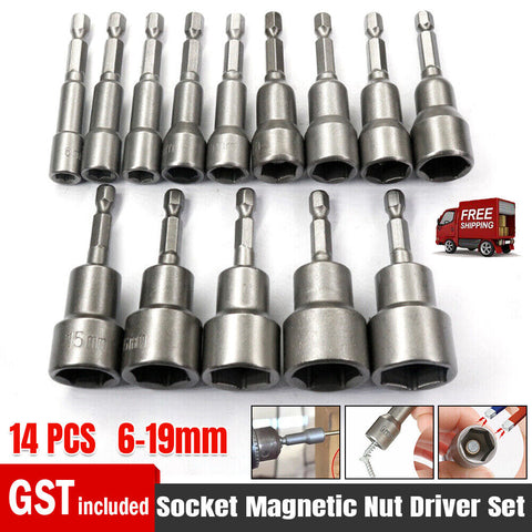 14 Size Socket Magnetic Nut Driver Set Drill Bit Adapter 1/4'' Hex Shank 6-19MM